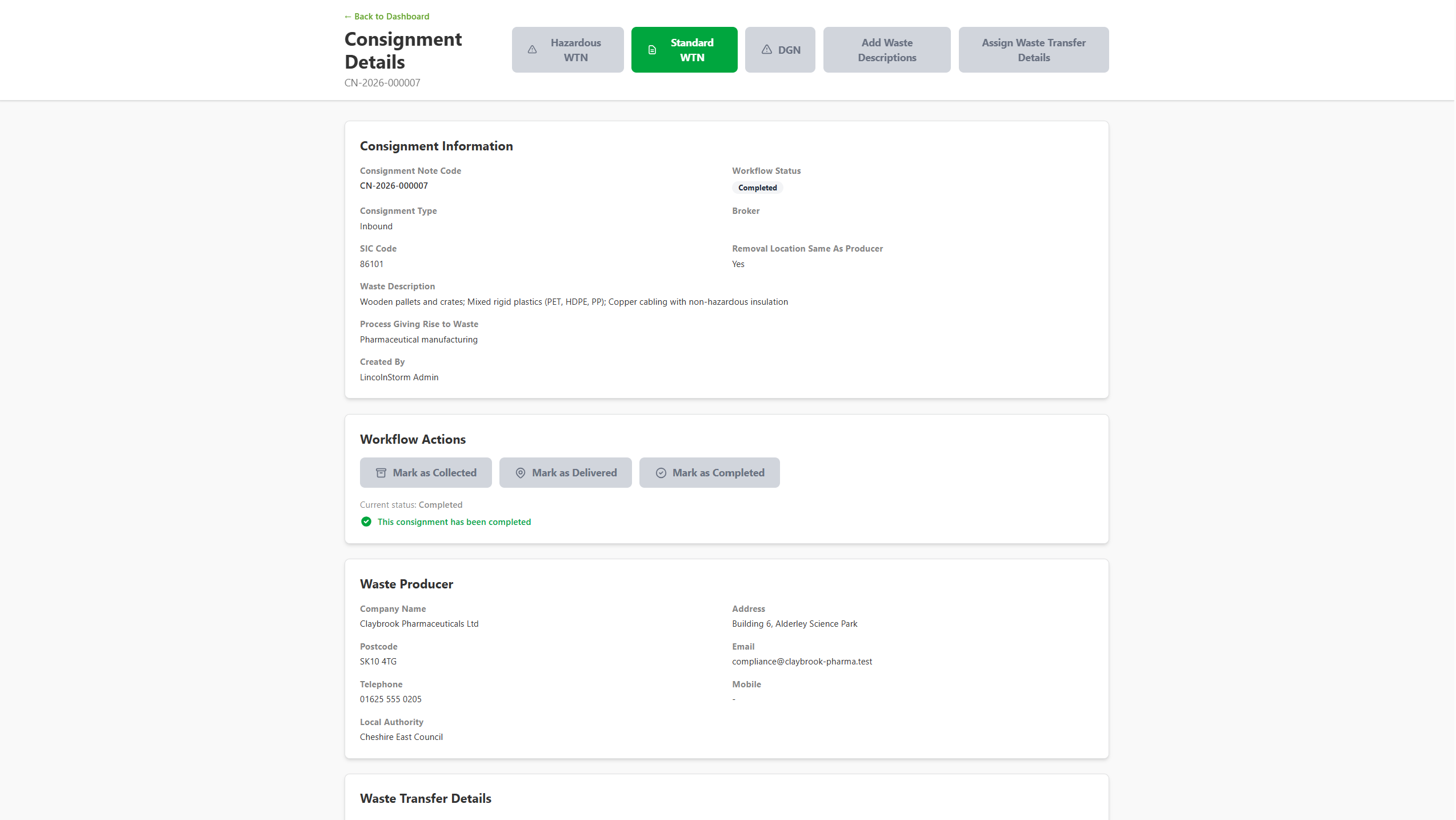 AnyWaste Consignment Details for a completed inbound consignment — workflow status Completed, full consignment information, waste producer details and local authority captured.