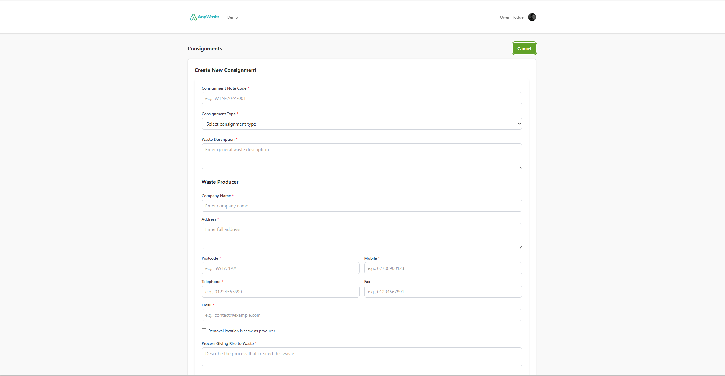AnyWaste Create New Consignment form — consignment note code, consignment type, waste description and waste producer details captured in one workflow.