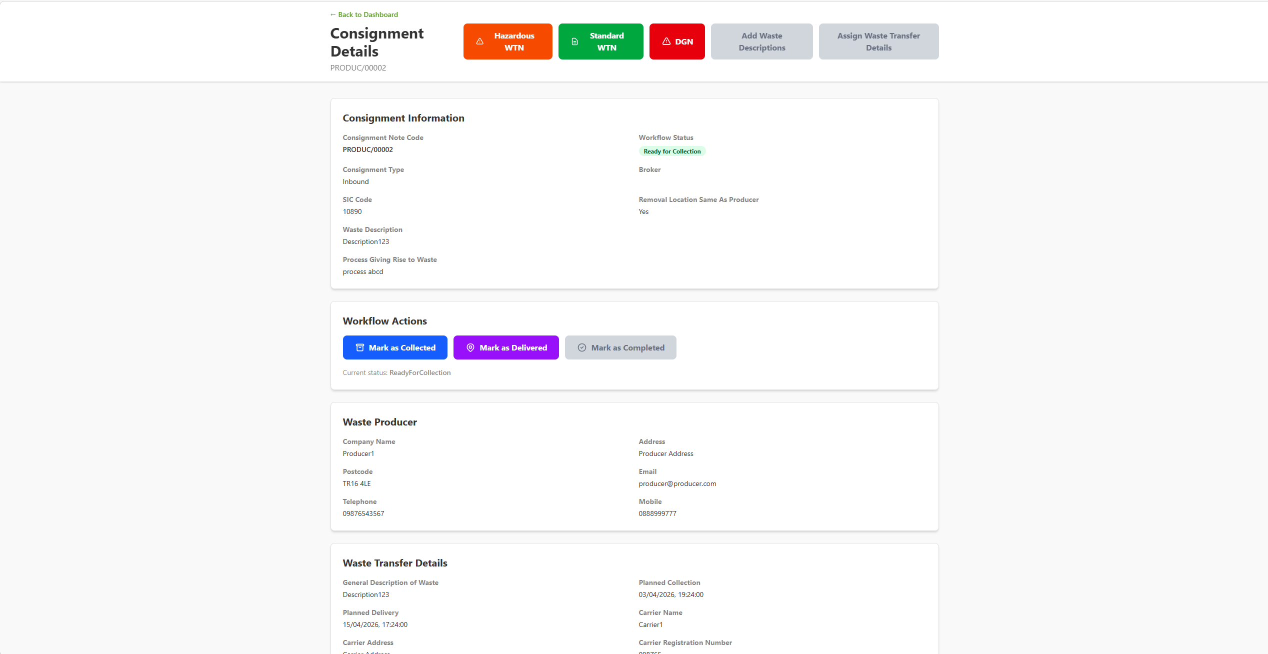 AnyWaste Consignment Details — workflow actions including Mark as Collected, Mark as Delivered and Mark as Completed, plus producer and waste transfer information.