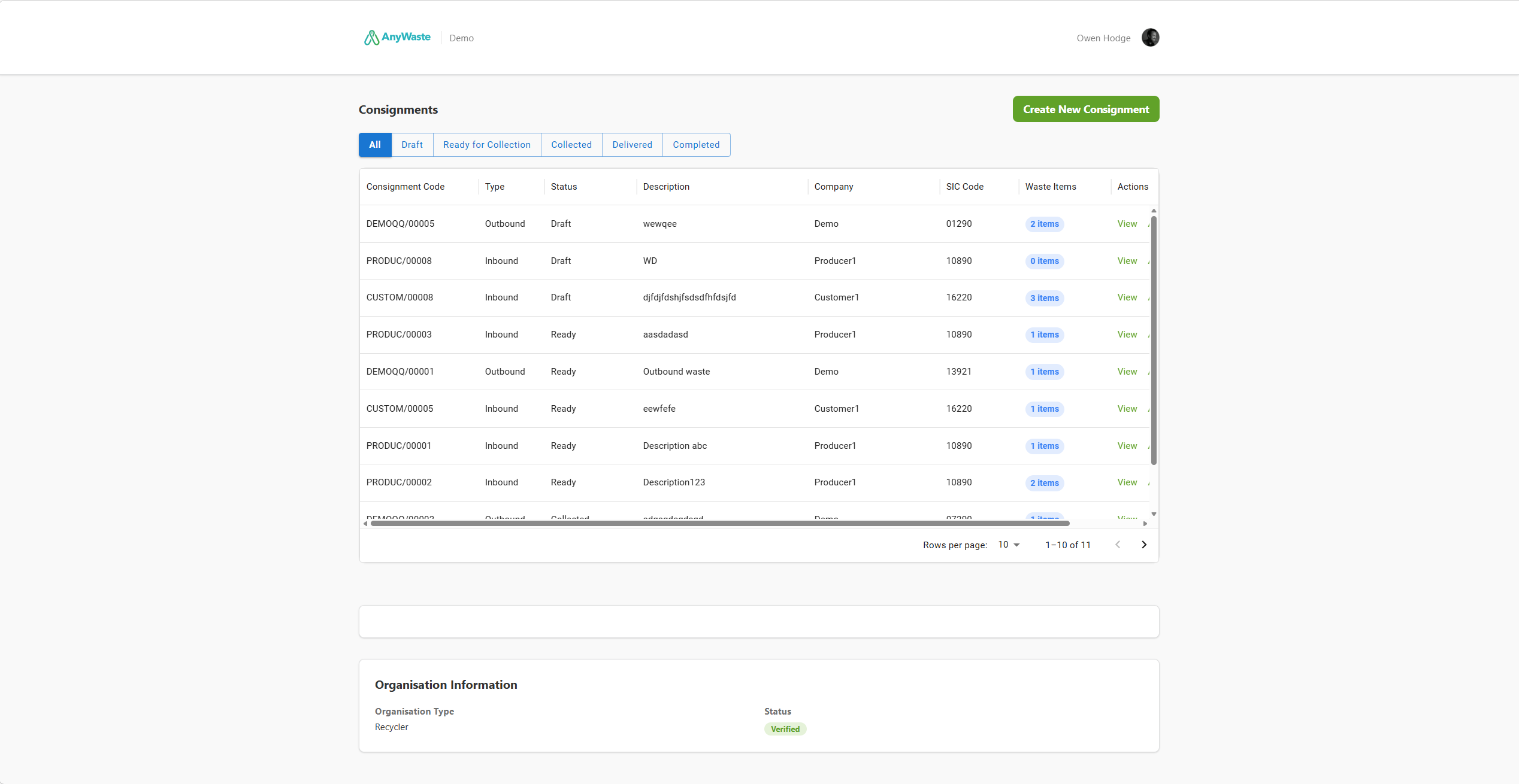 AnyWaste Consignments dashboard — live list of inbound and outbound waste consignments with status pills and waste-item counts.