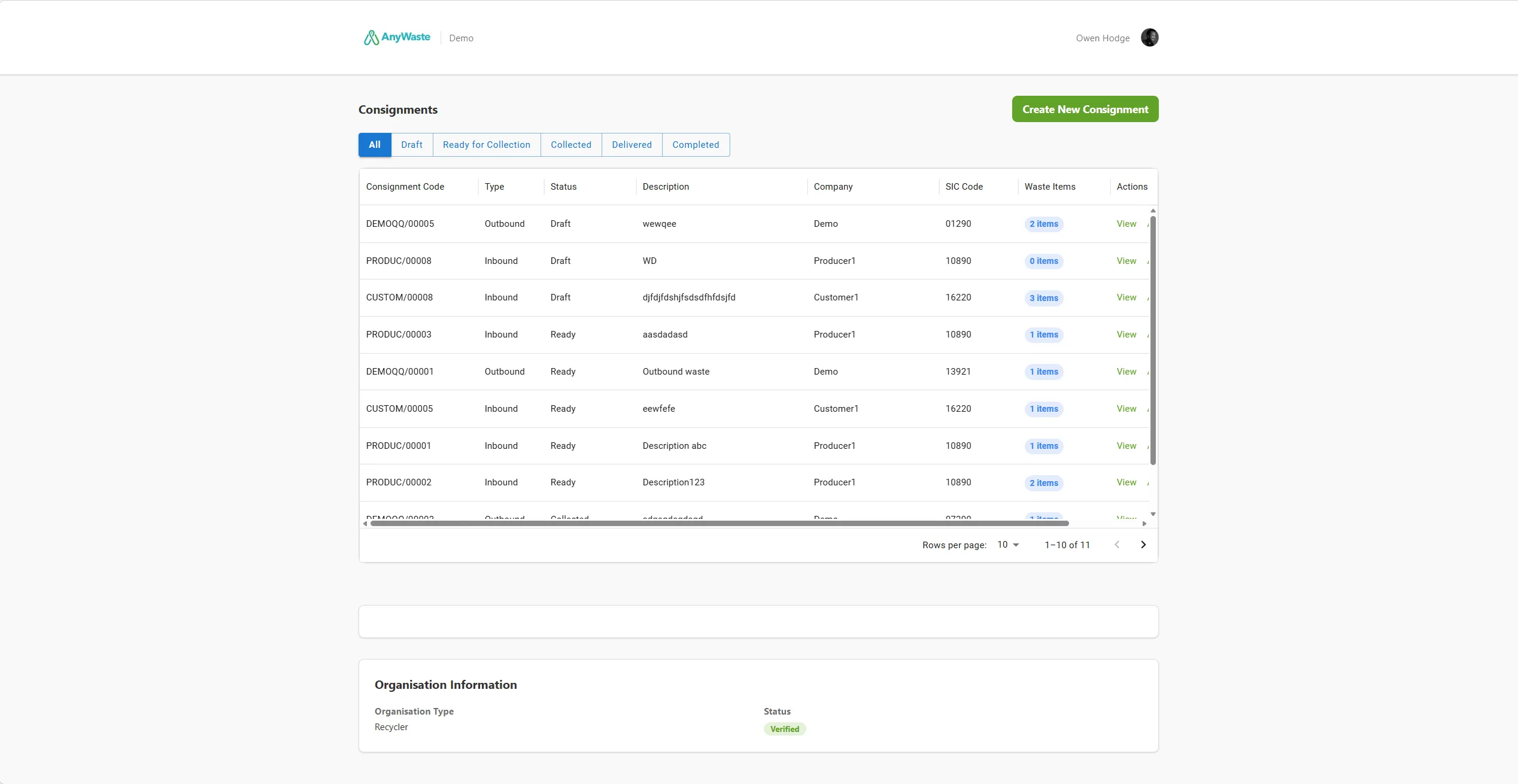 AnyWaste Consignments dashboard — live list of inbound and outbound waste consignments with status pills and waste-item counts.