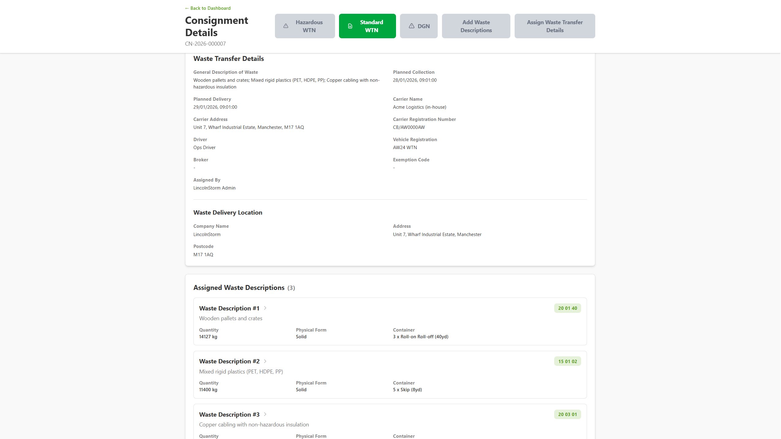 AnyWaste consignments list showing digital Waste Transfer Notes