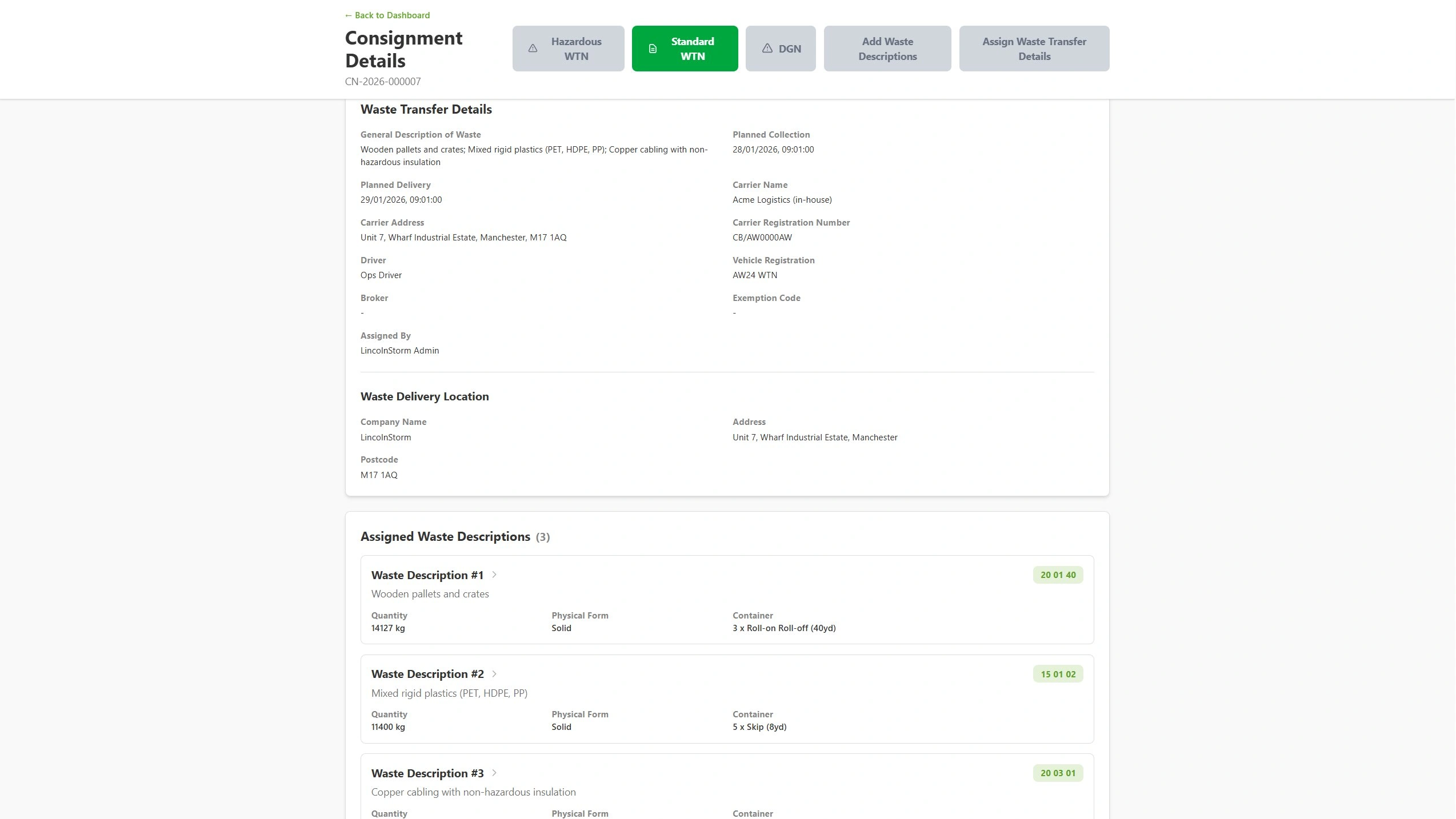 AnyWaste consignments list showing digital Waste Transfer Notes