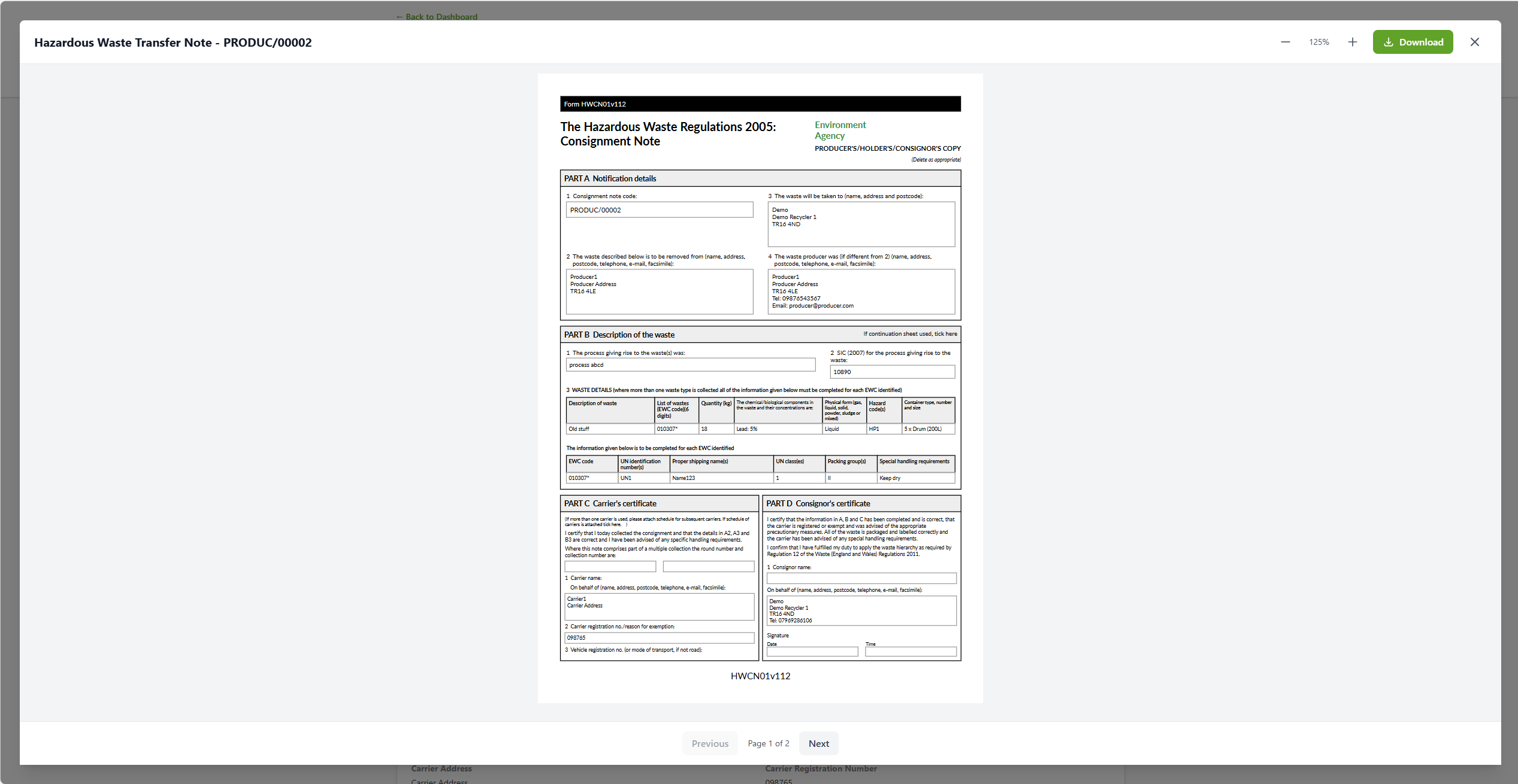 AnyWaste Hazardous Waste Consignment Note (HWCN01v112) — the Environment Agency form generated directly from the consignment record, with notification details, waste description and carrier/consignor certificates.