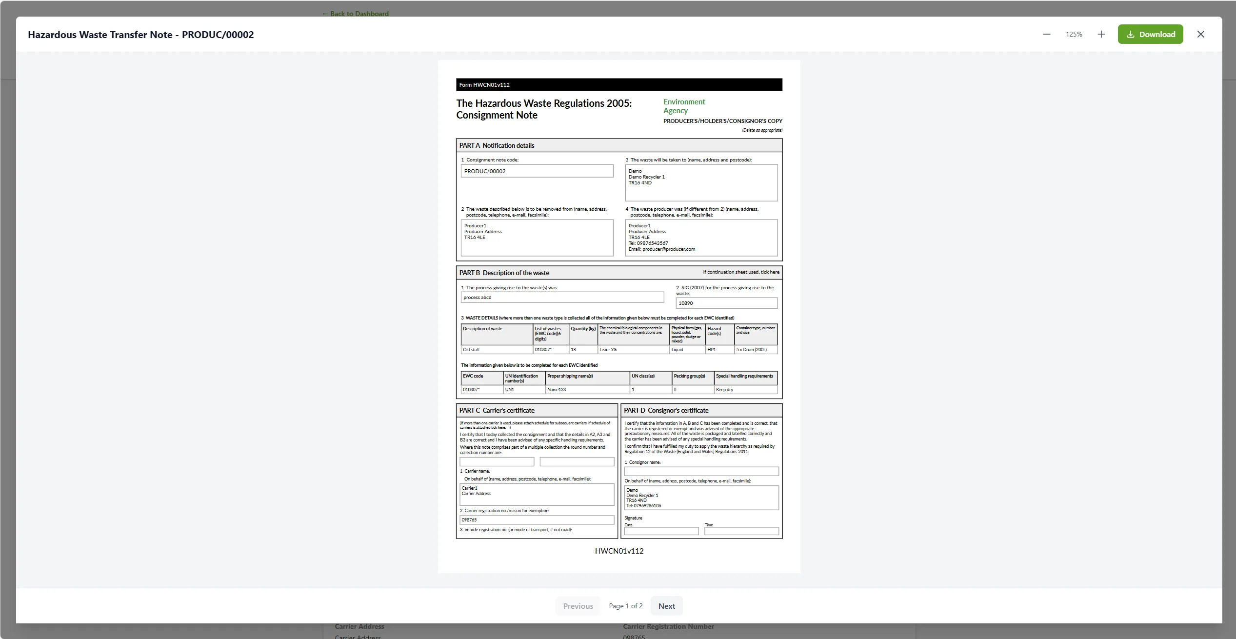 AnyWaste Hazardous Waste Consignment Note (HWCN01v112) — the Environment Agency form generated directly from the consignment record, with notification details, waste description and carrier/consignor certificates.