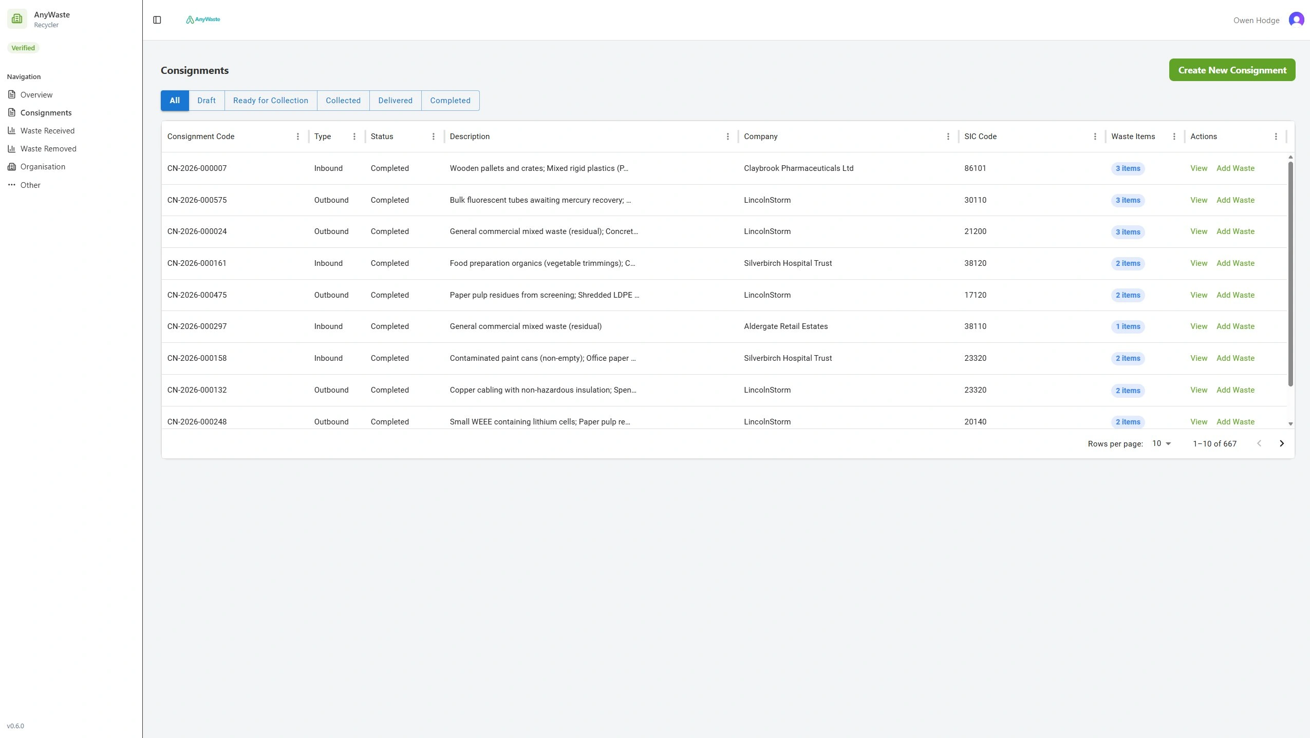 AnyWaste consignments table with status filters, EWC codes and waste descriptions