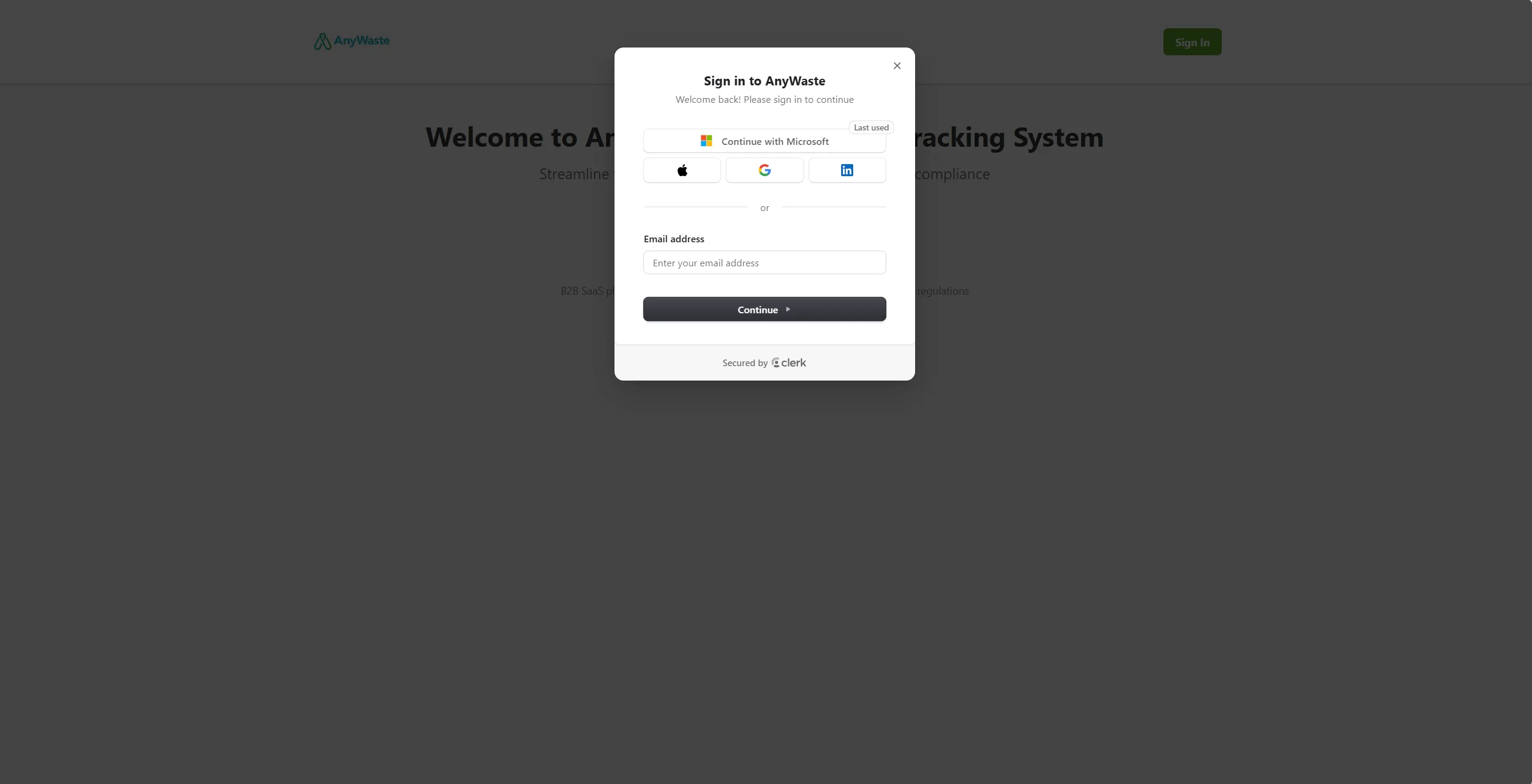 AnyWaste sign-in modal — Continue with Microsoft, Google, Apple or LinkedIn, or sign in with email; secured by Clerk.