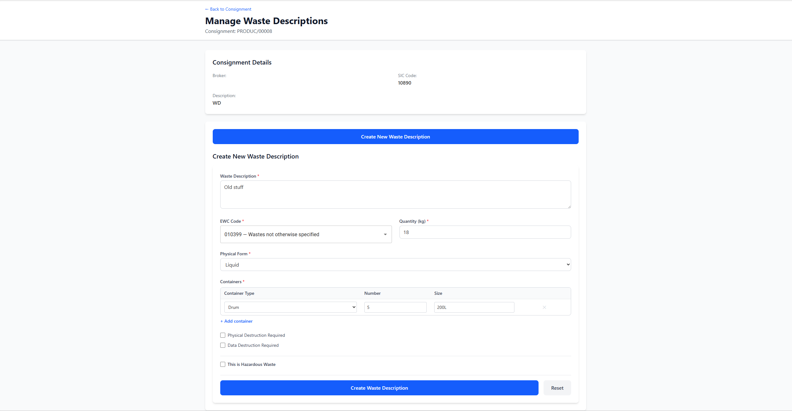 AnyWaste Consignment Details continued — waste transfer details, waste delivery location and the list of assigned waste descriptions with EWC codes, quantities and containers.
