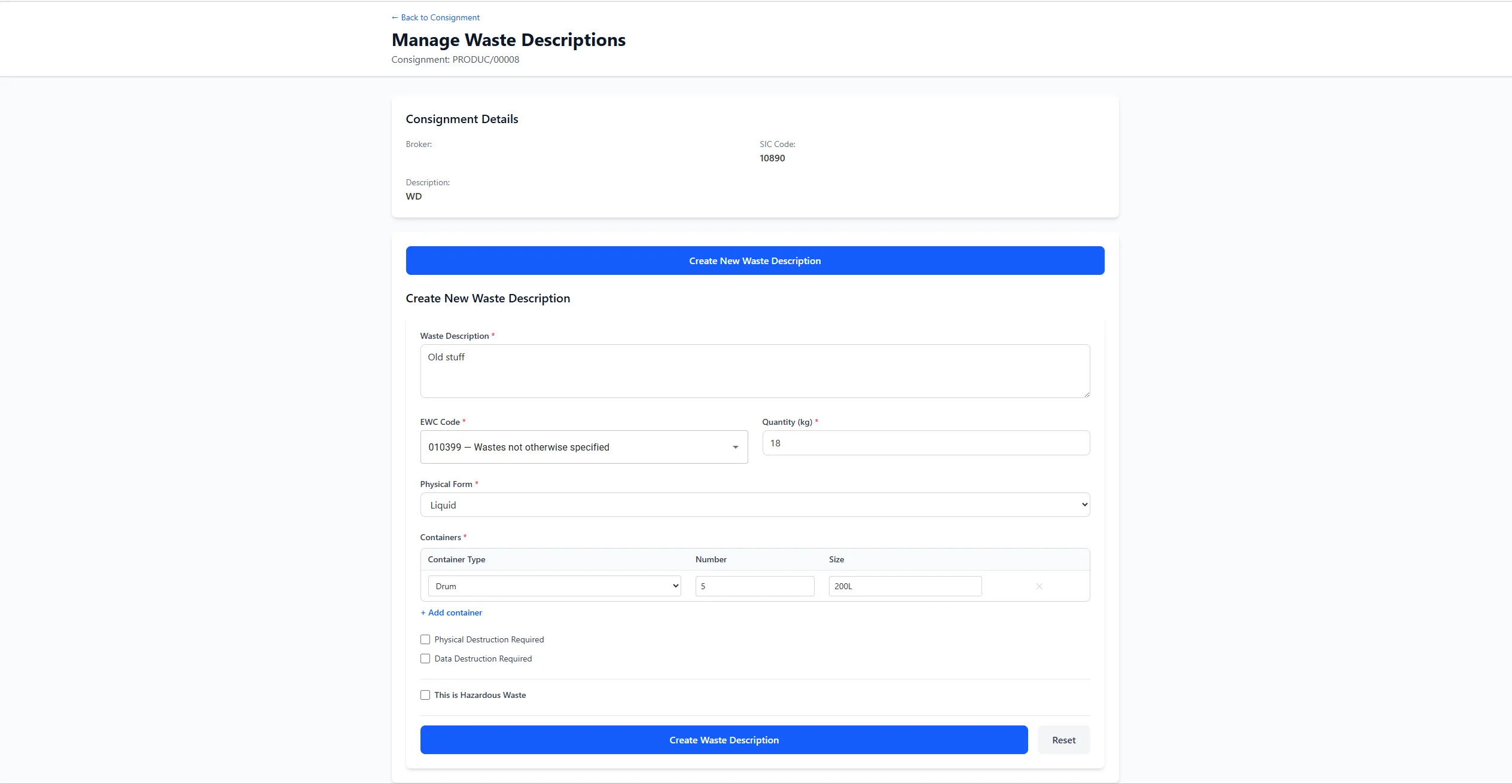AnyWaste Consignment Details continued — waste transfer details, waste delivery location and the list of assigned waste descriptions with EWC codes, quantities and containers.