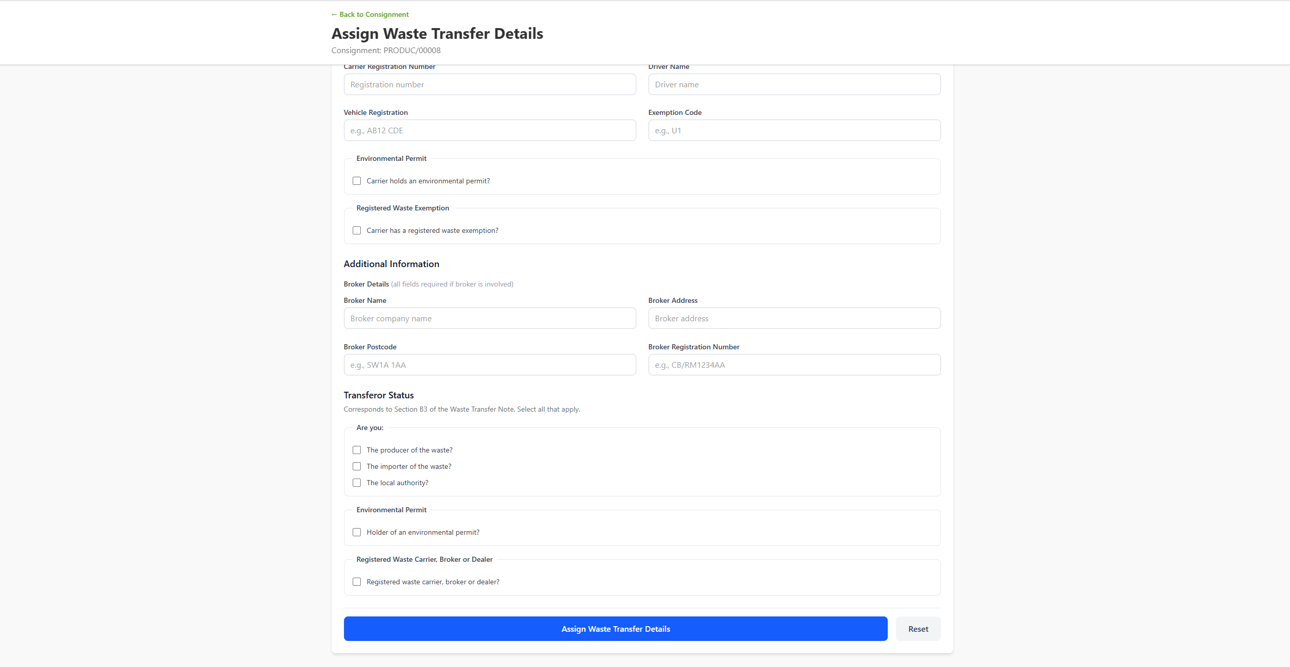 AnyWaste Assign Waste Transfer Details — carrier, vehicle, environmental permit, registered waste exemption, broker details and Transferor Status (Section B3 of the Waste Transfer Note).