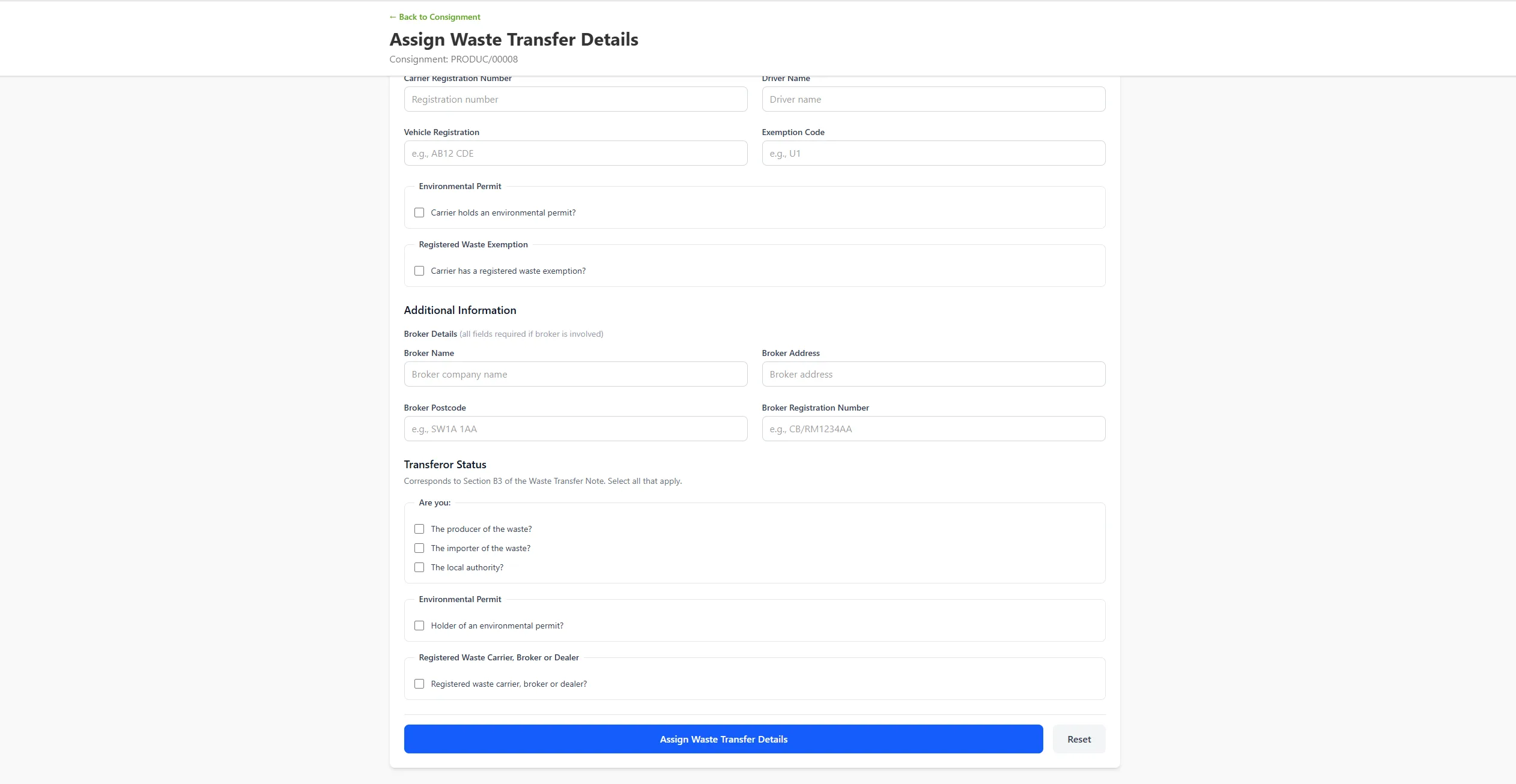 AnyWaste Assign Waste Transfer Details — carrier, vehicle, environmental permit, registered waste exemption, broker details and Transferor Status (Section B3 of the Waste Transfer Note).