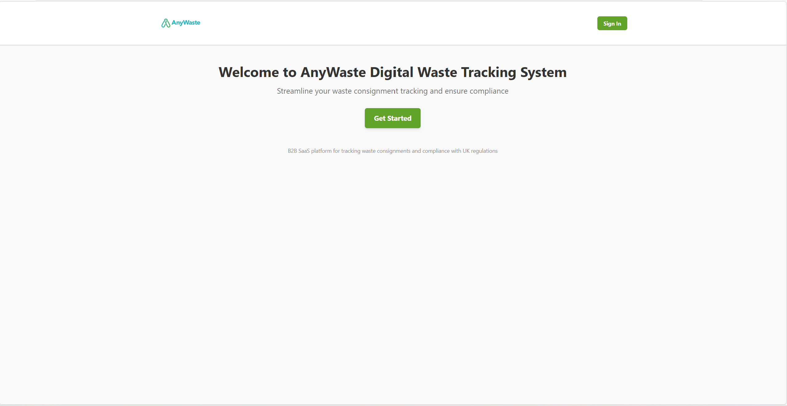AnyWaste public landing page — Welcome to AnyWaste Digital Waste Tracking System, with Sign In and Get Started call to action.