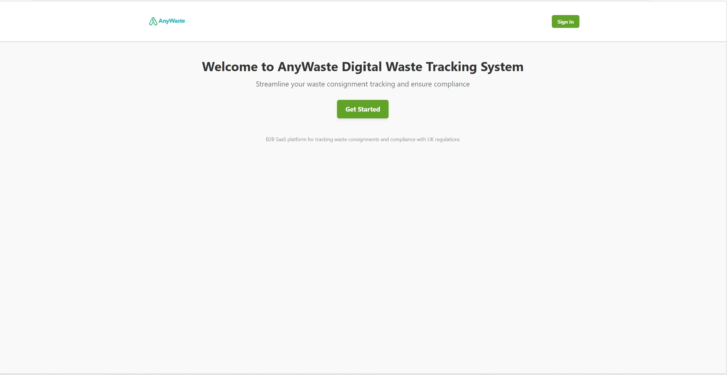 AnyWaste public landing page — Welcome to AnyWaste Digital Waste Tracking System, with Sign In and Get Started call to action.